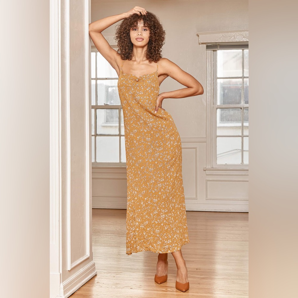 Lulu’s Would Be Love Dark Mustard Floral Print Maxi Slip Dress Size Medium